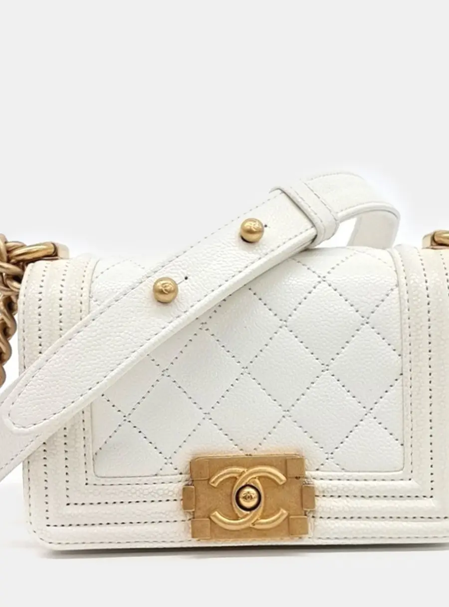 Chanel Boy Mini White Grained Calfskin Leather Shoulder Bag