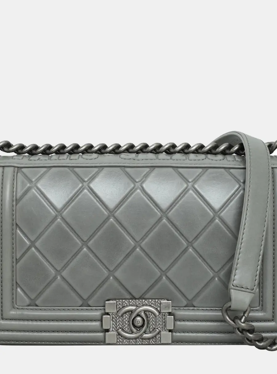 Chanel Boy Medium Grey Calfskin Leather Flap Bag