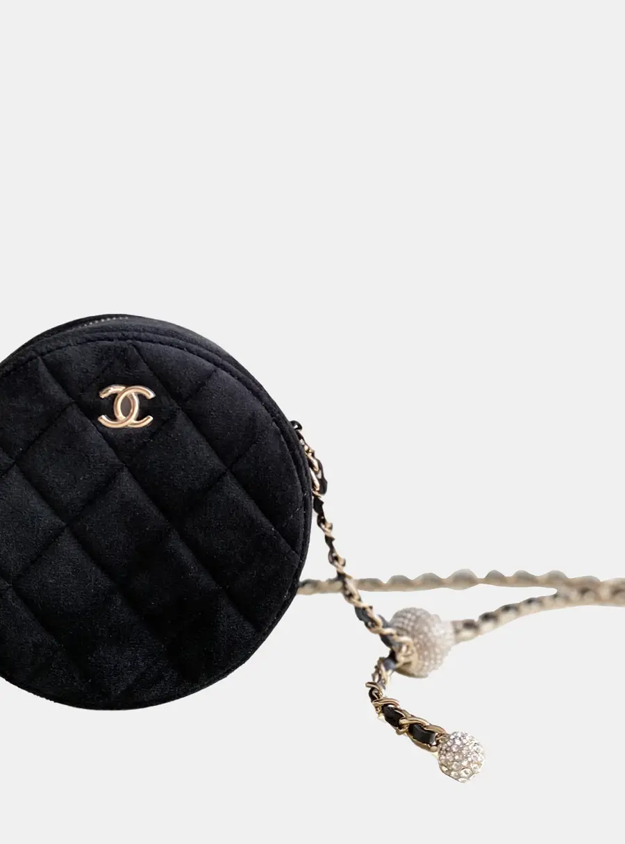 Chanel Pearl Crush Round Small Black Velvet Clutch Bag