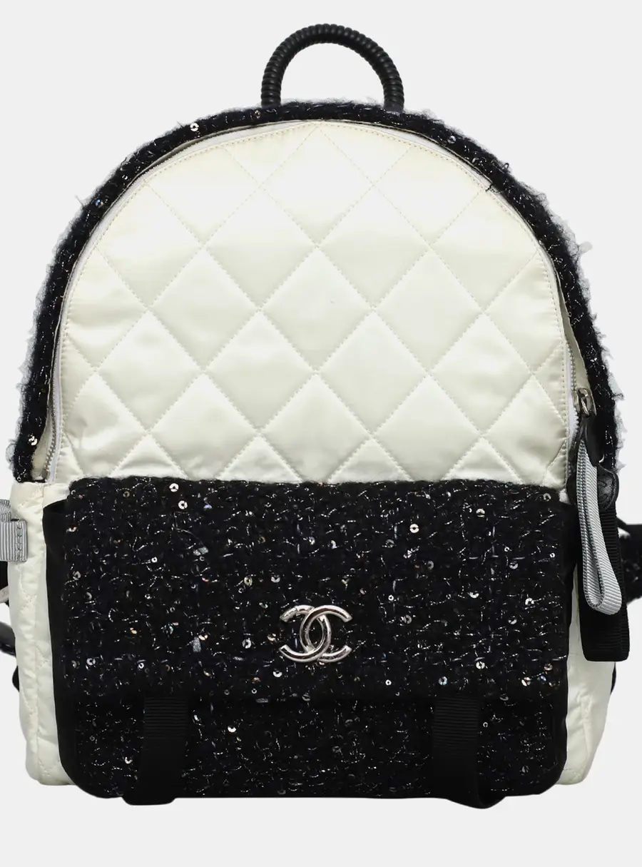 Chanel Quilted Nylon and Tweed Mini Black and White Backpack Bag