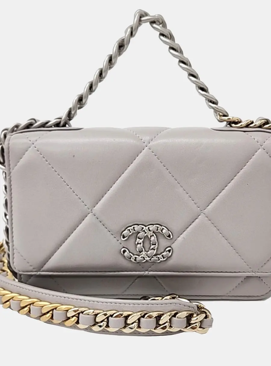 Chanel 19 Wallet On Chain Grey Lambskin Leather Crossbody Bag