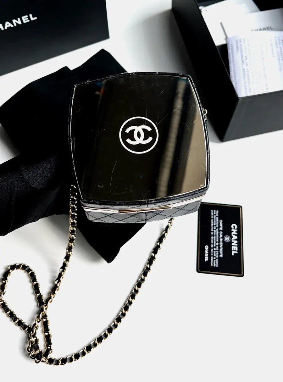 Chanel Mirror Finish Box Shoulder Bag Black Lambskin Leather Crossbody Bag