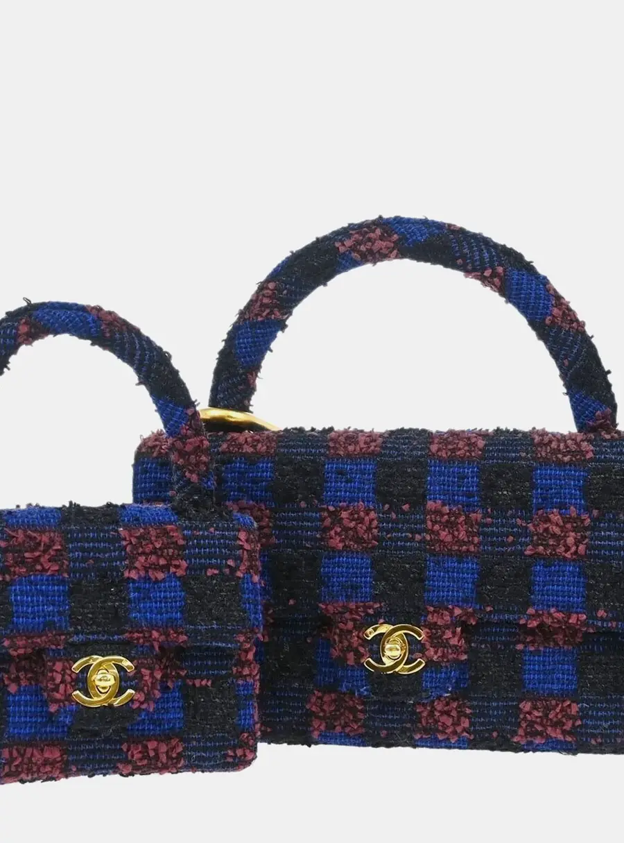 Chanel Gemini Twins 1992 Blue Wool Tweed Classic Single Flap Two -in -One Top Handle Bag Set