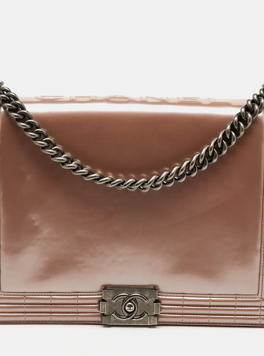 Chanel Reverso Boy Medium Beige Patent Leather Shoulder Bags