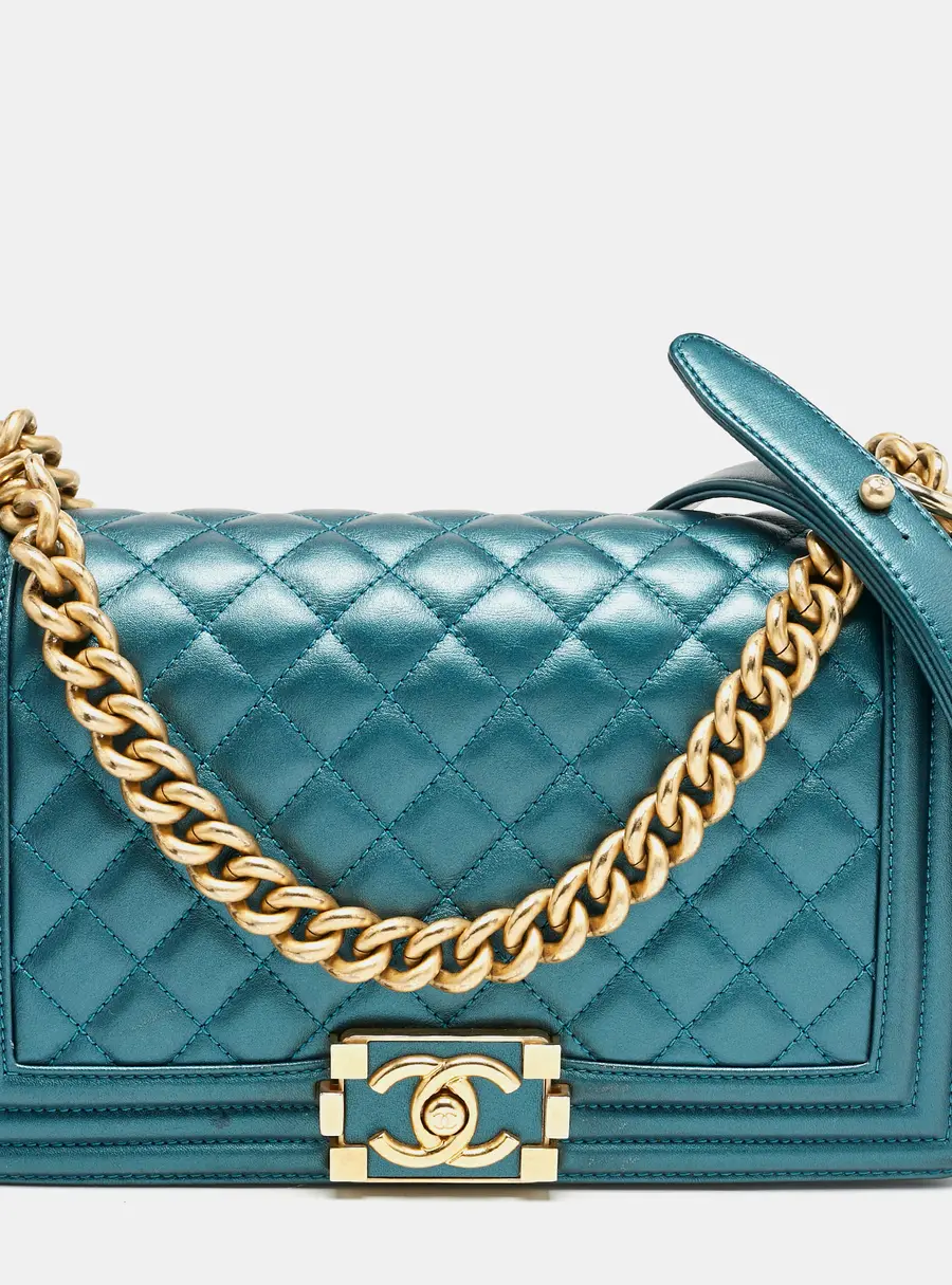 Chanel Metallic Green Quilted Leather Medium Boy Flap Bag