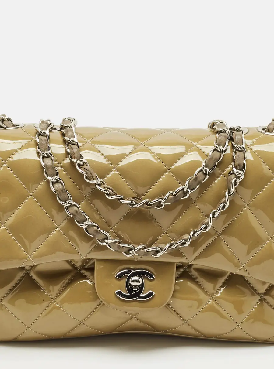 Chanel Beige Quilted Patent Leather 3 Compartment Classic Flap Bag
