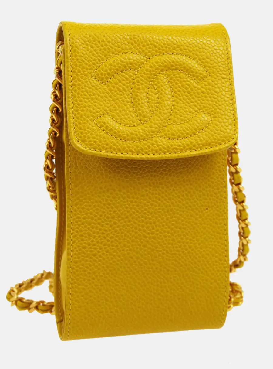 Chanel Timeless Phone Holder Yellow Caviar Leather Chain Bag