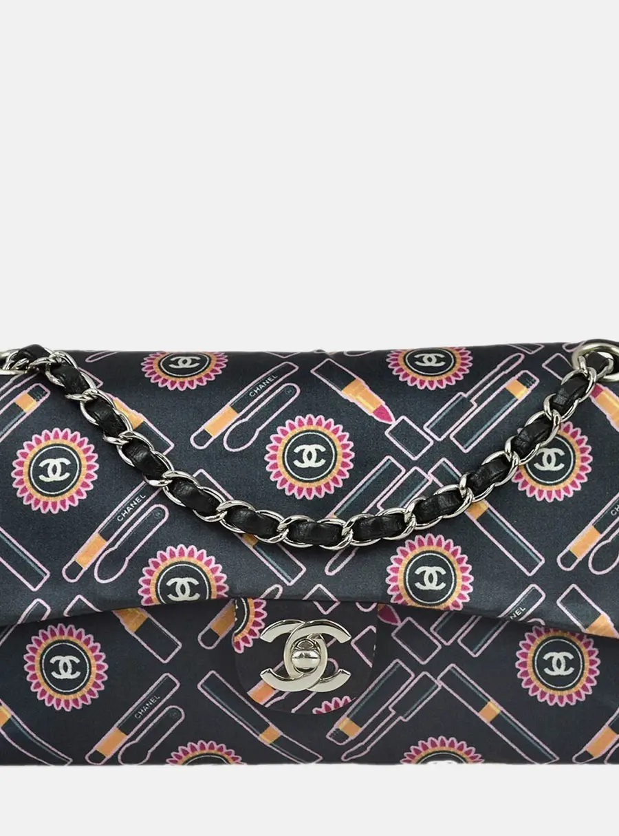 Chanel Classic Single Flap Medium Black Multicolor Satin Shoulder Bag