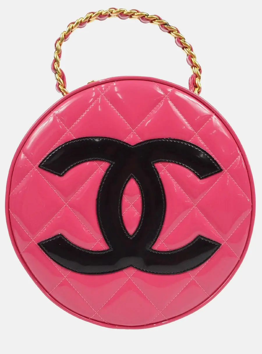 Chanel Vintage 1995 Barbie Collection Pink Patent Leather Round Vanity Top Handle Bag