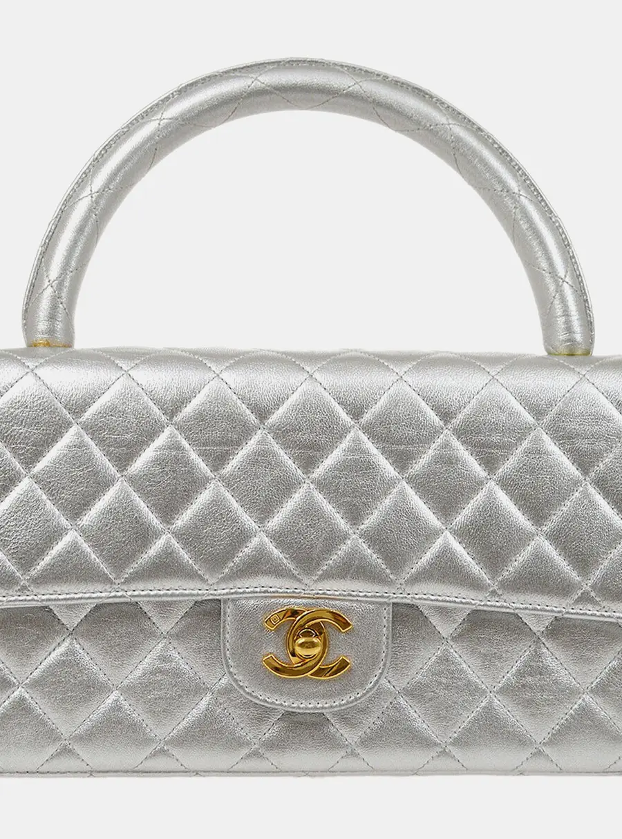 Chanel Kelly Mini Silver Lambskin Leather Top Handle Bag