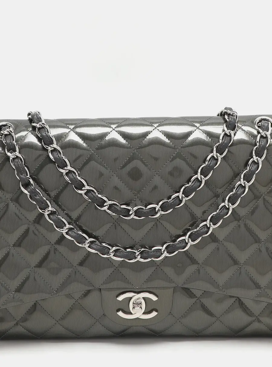 Chanel Grey Straited Quilted Patent Leather Maxi Classic Double Flap Bag