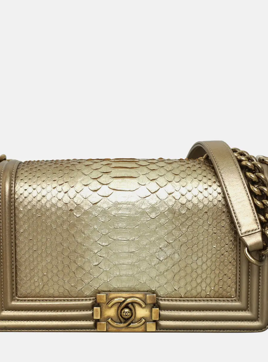 Chanel Boy Old Medium Gold Python Leather Crossbody Bag