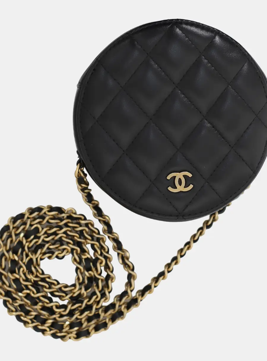 Chanel Round Mini Black Lambskin Leather Crossbody Bag