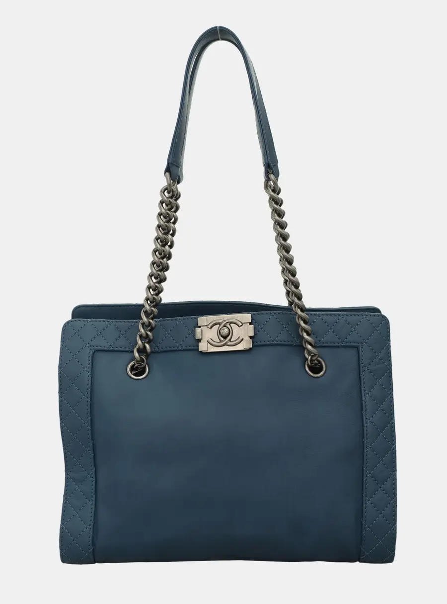 Chanel Boy Reverso Blue Leather Tote Bag