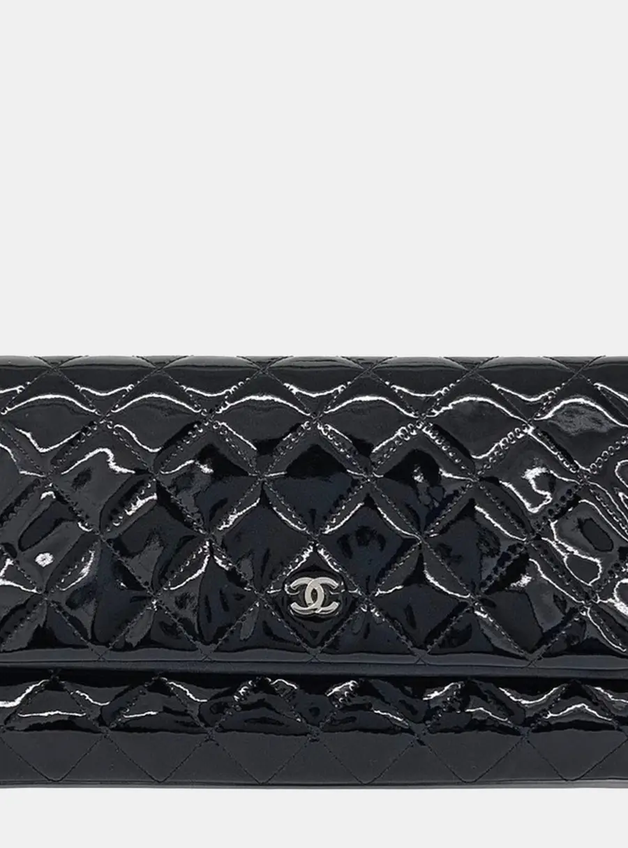 Chanel Beauty CC Fold -Over Black Quilted Patent Leather Clutch Bag