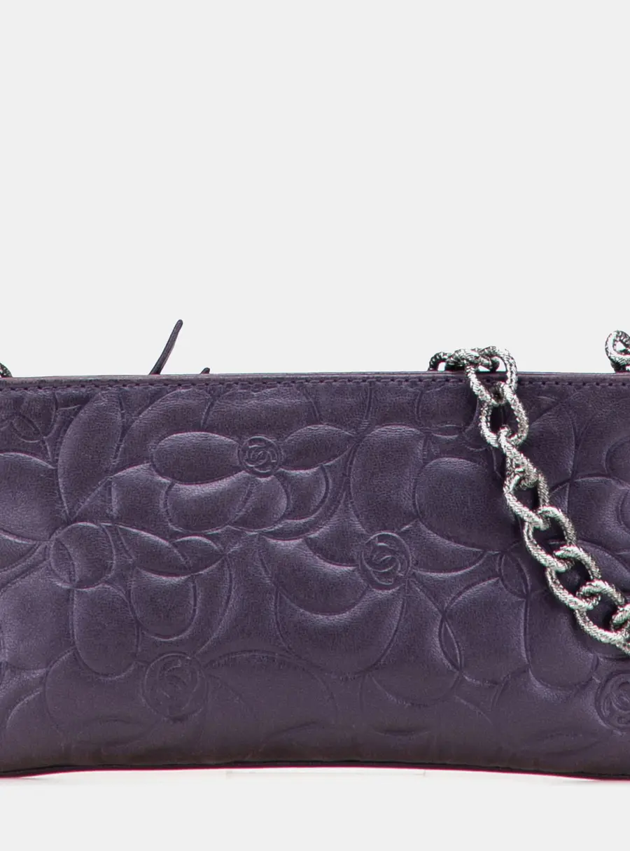 Chanel Camellia One Size Purple Embossed Lambskin Leather Chain Pochette Bag