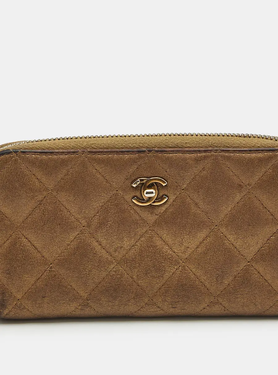 Chanel Gold Quilted Leather CC Zip Around Wallet