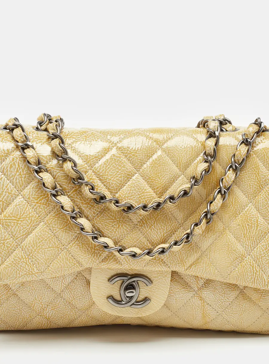 Chanel Yellow Quilted Pattern Patent Leather Jumbo Classic Single Flap Bag