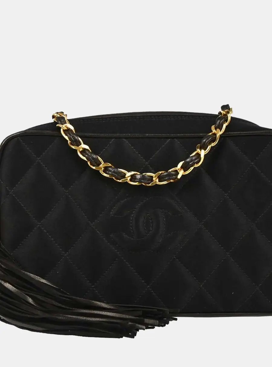 Chanel Vintage CC Tassel Small Black Satin Camera Bag
