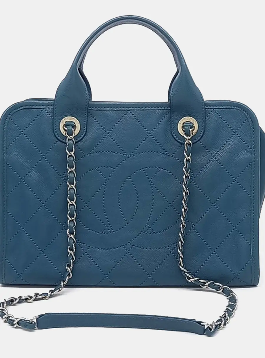 Chanel Small Business Affinity Blue Quilted Caviar Leather Satchel Bag