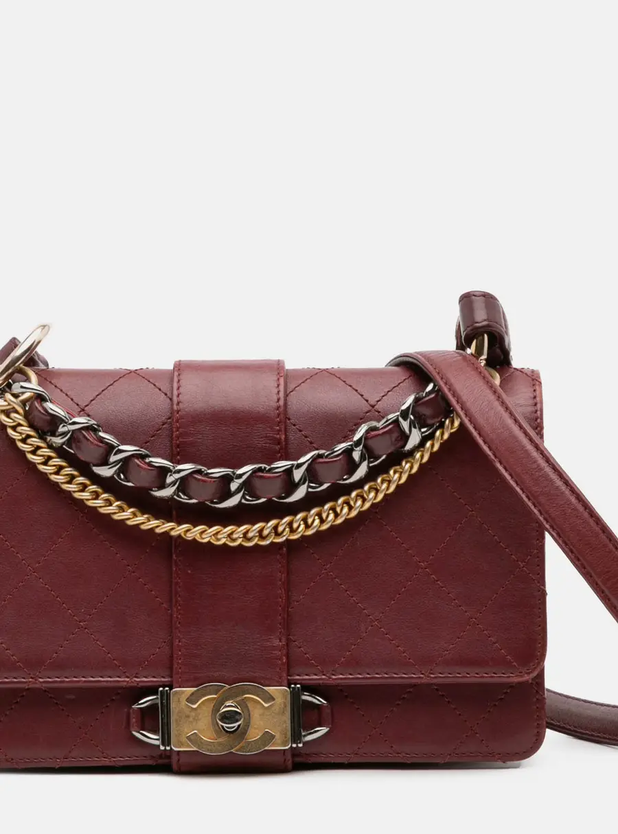 Chanel CC Stitched Calfskin Chain Flap Burgundy Leather Shoulder Bag