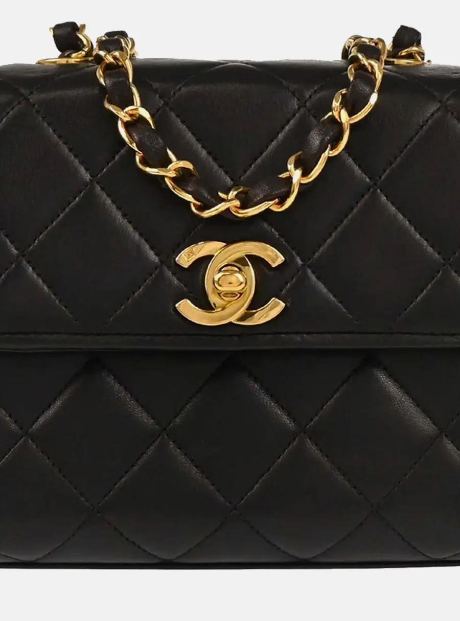 Chanel Vintage Mini Square Black Lambskin Gold Hardware Flap Shoulder Bag