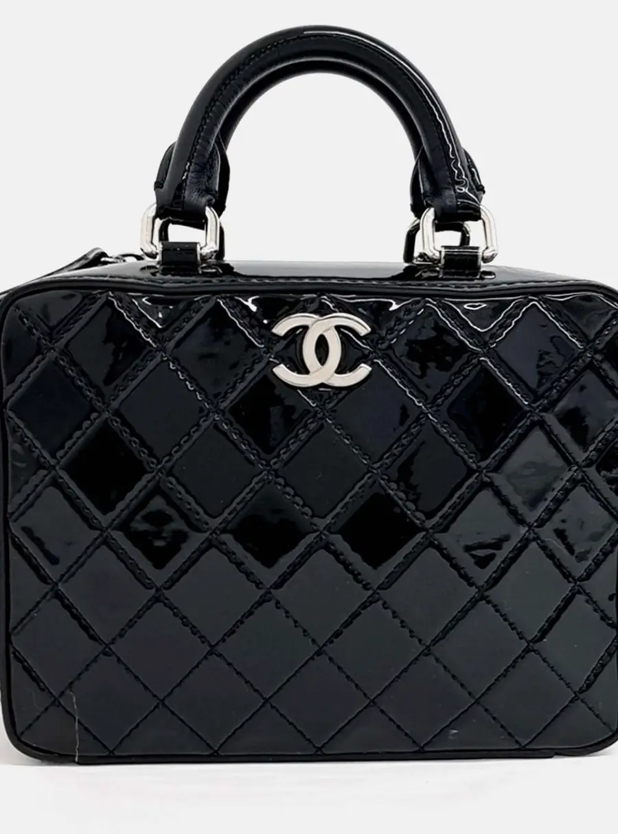 Chanel Small Black Patent Leather Vanity Top Handle Bag