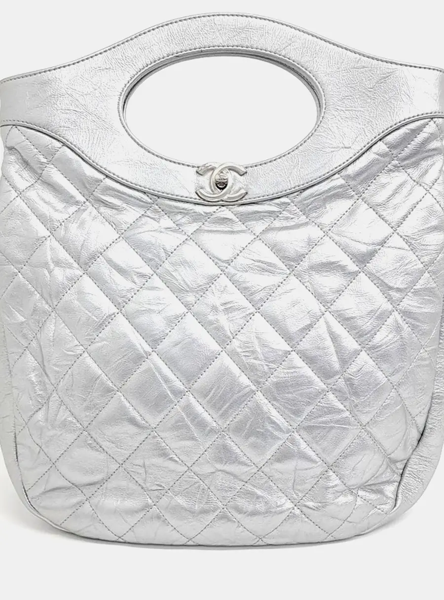 Chanel 31 Small Silver Crumpled Calfskin Leather Shopping Bag