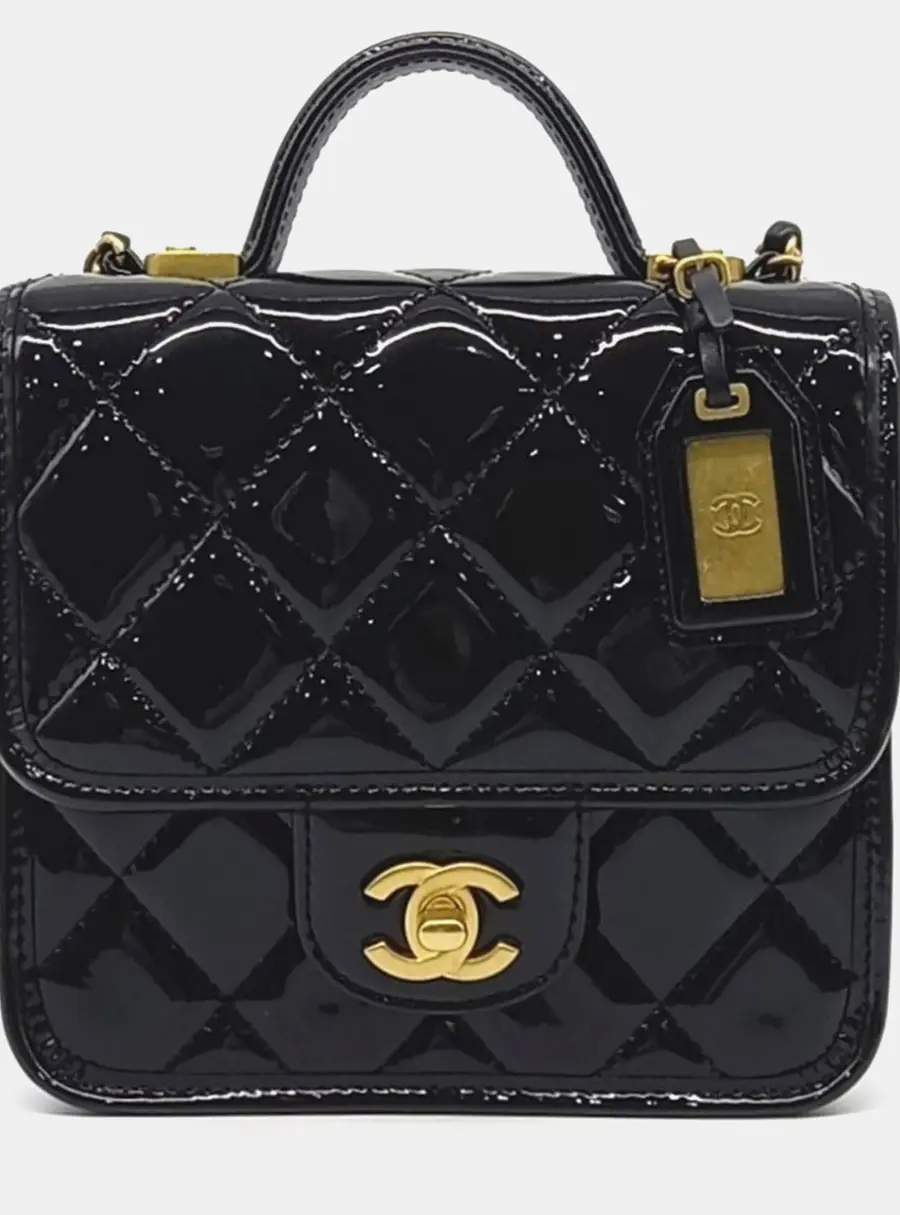 Chanel Small Black Patent Leather Top Handle Flap Bag