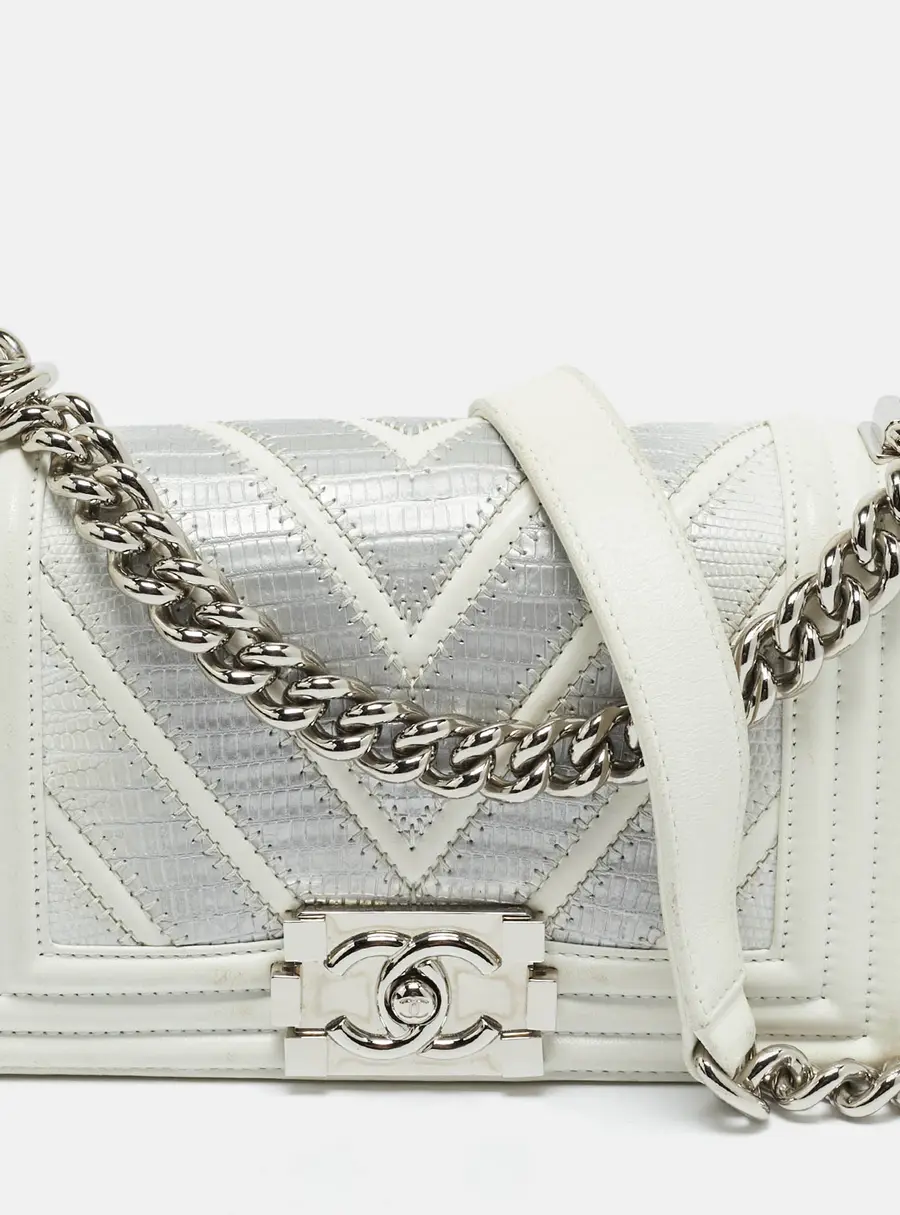Chanel White/Grey Chevron Lizard and Leather Small Boy Flap Bag