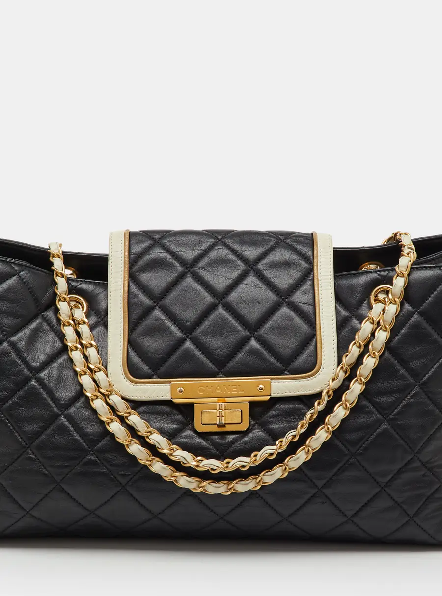 Chanel Black/Cream Quilted Leather East/West Mademoiselle Accordion Flap Bag