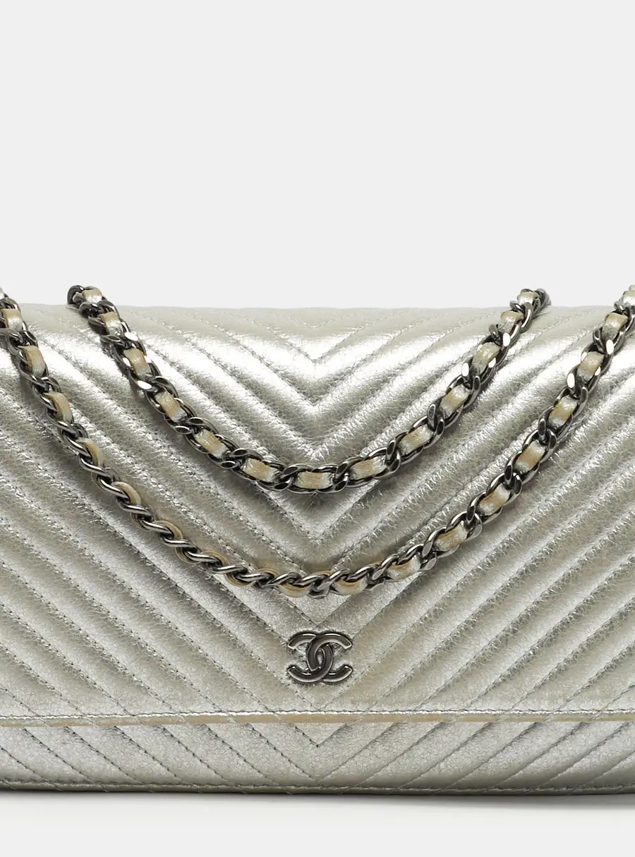 Chanel Silver Laminated Leather Wallet On Chain