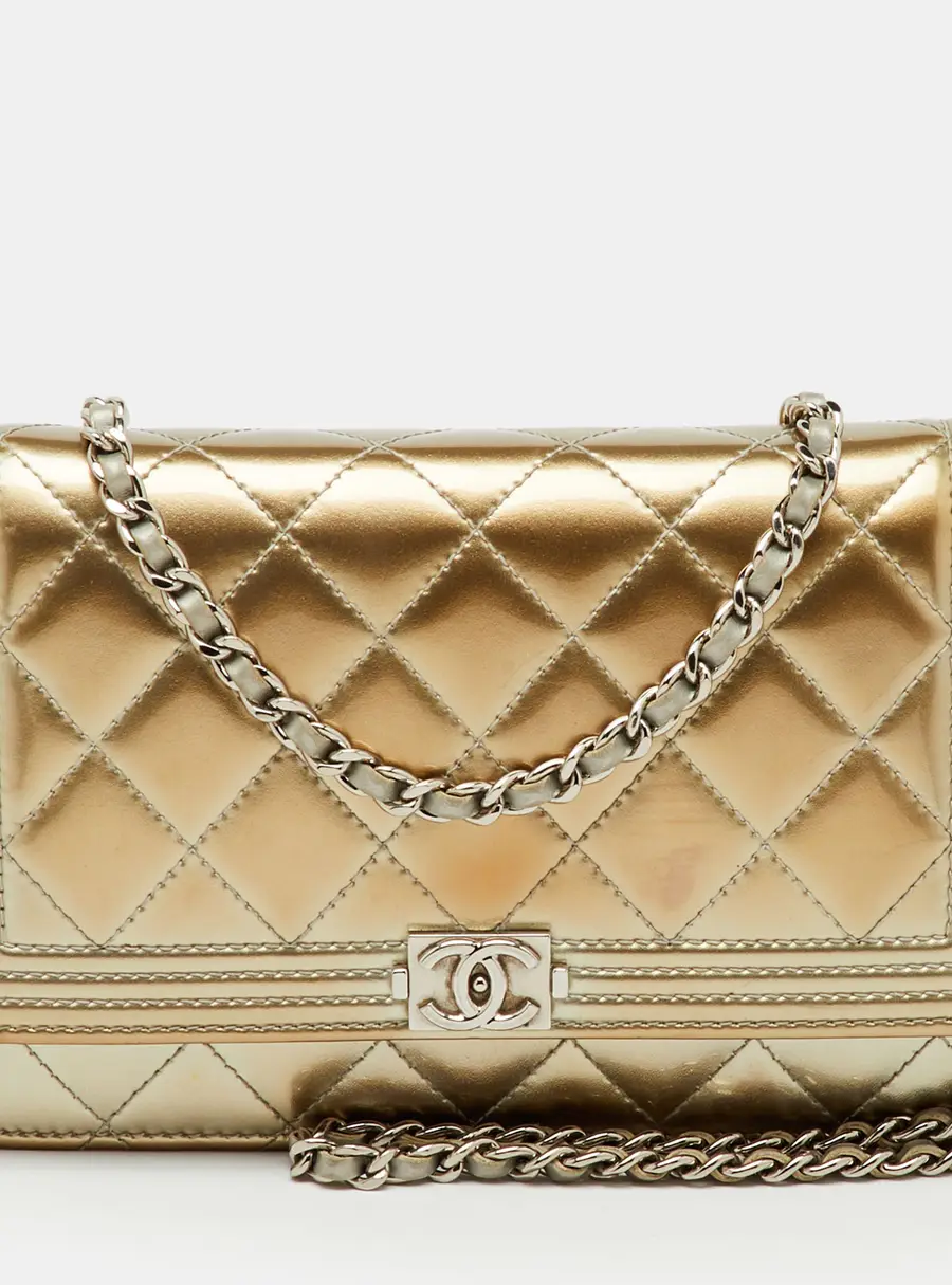 Chanel Metallic Grey Quilted Patent Leather Classic Boy WOC Bag
