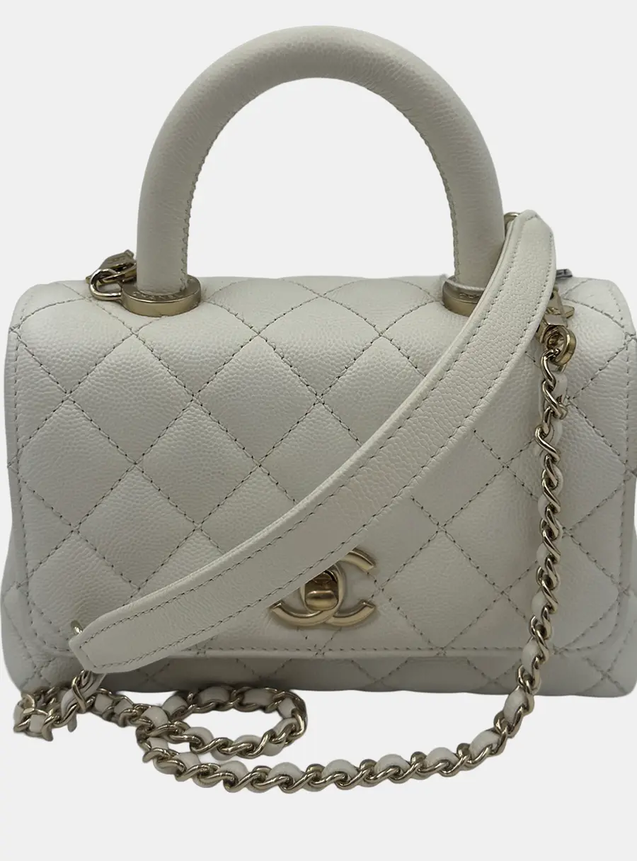 Chanel Coco Mini White Caviar Leather Top Handle Bag