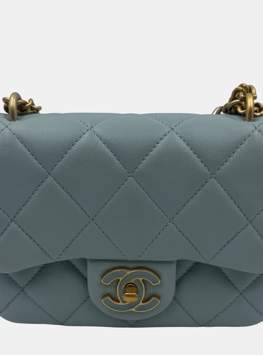 Chanel Mini Square Classic Light Blue Lambskin Leather Flap Bag