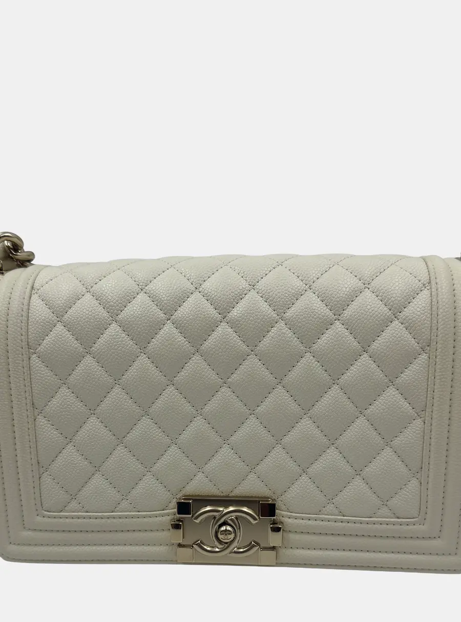 Chanel Medium White Quilted Caviar Leather Boy Flap Bag