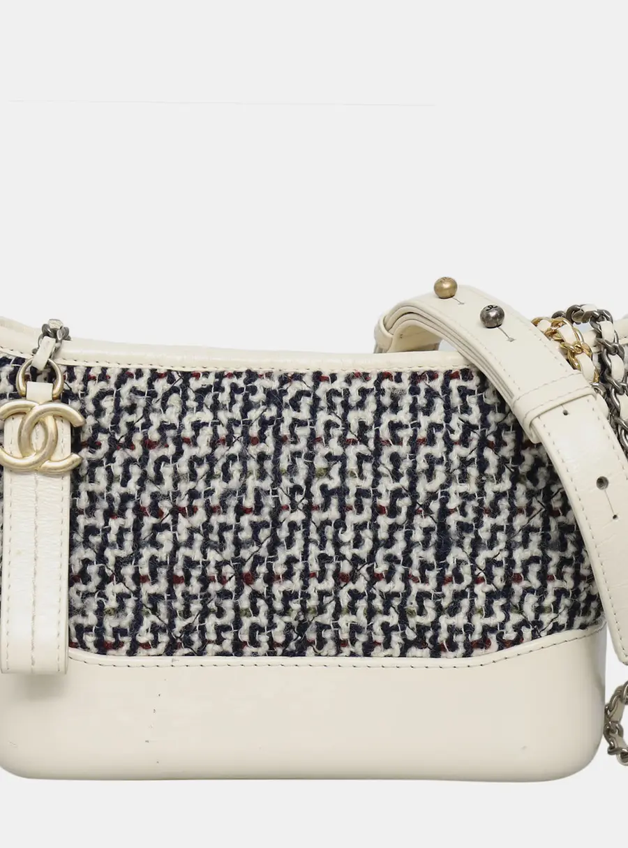 Chanel Gabrielle Small Blue White Tweed Calfskin Leather Hobo Bag