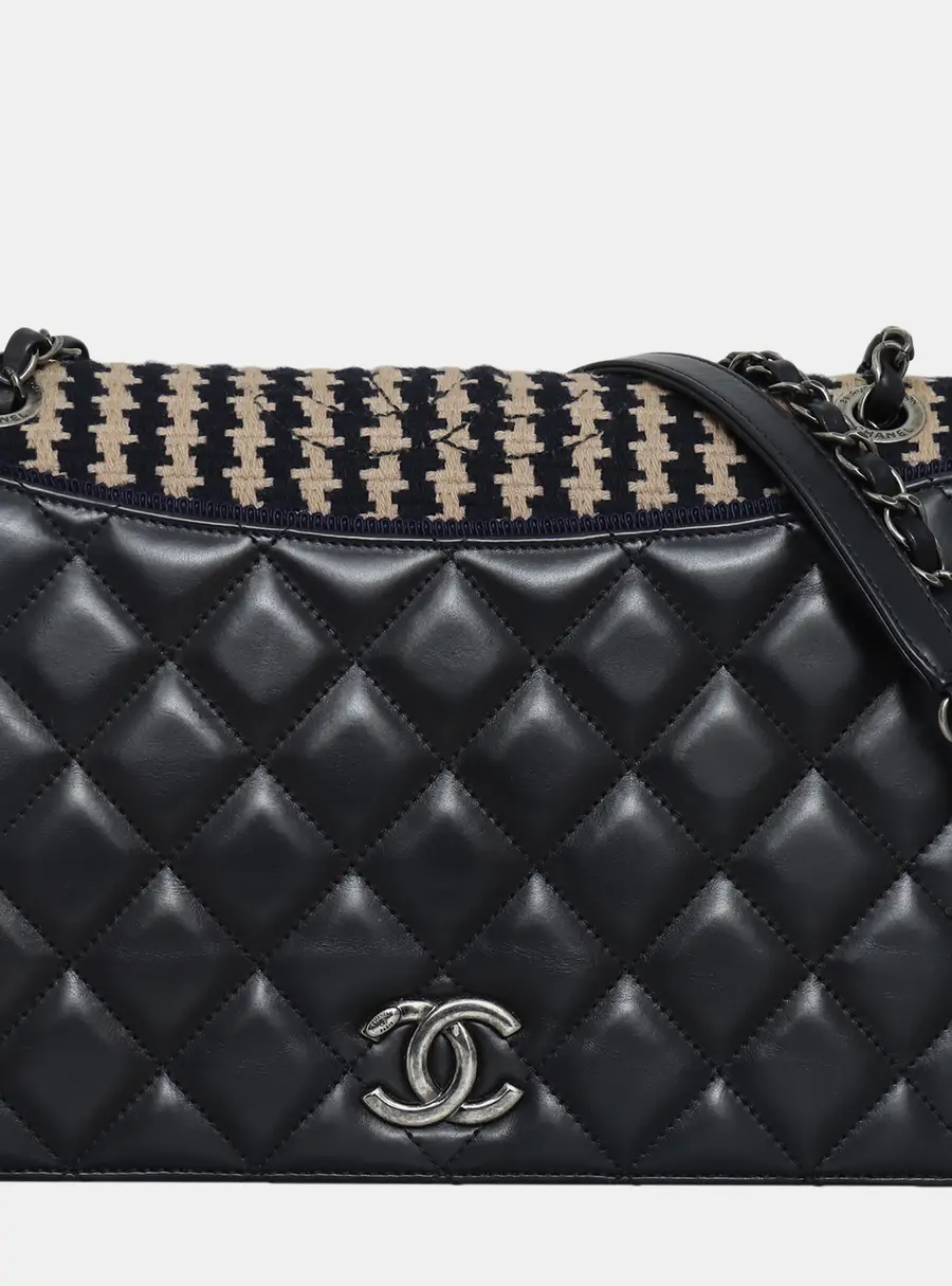 Chanel Ballerine Flap Black Lambskin Leather Tweed Shoulder Bag