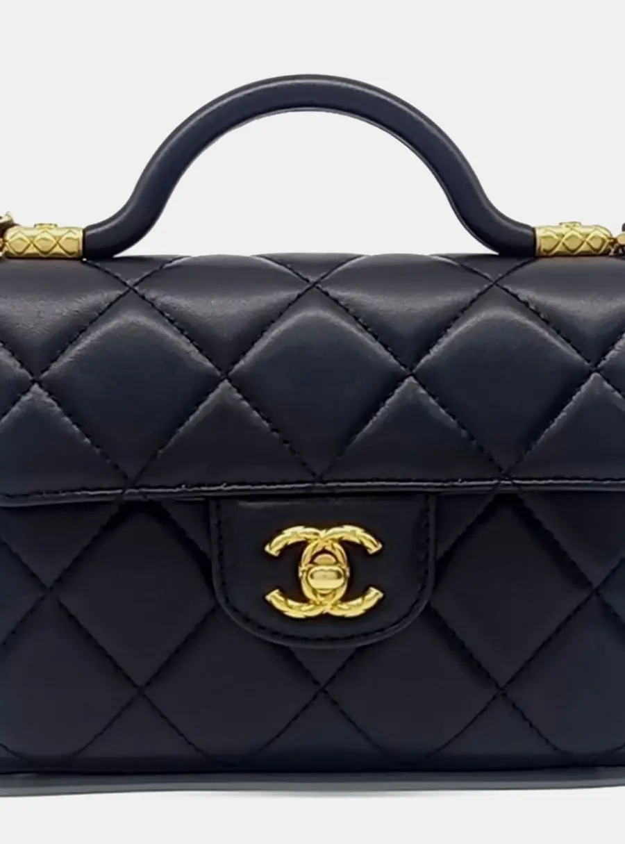 Chanel Top Handle Small Black Lambskin Leather Crossbody Bag