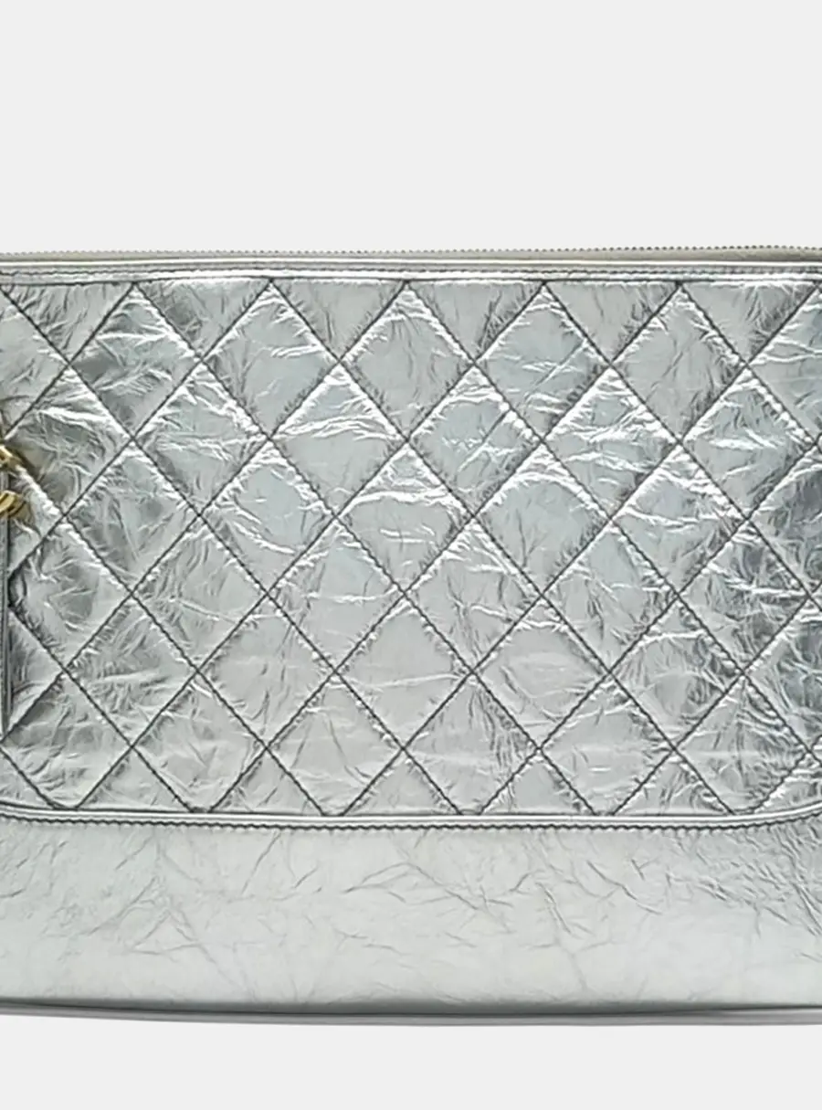 Chanel Gabrielle Silver Metallic Aged Calfskin Leather Clutch Bag