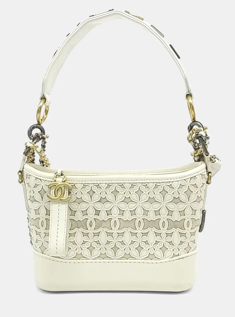 Chanel Gabrielle Small White Laser Cut Calfskin Leather Wool Felt Hobo Bag