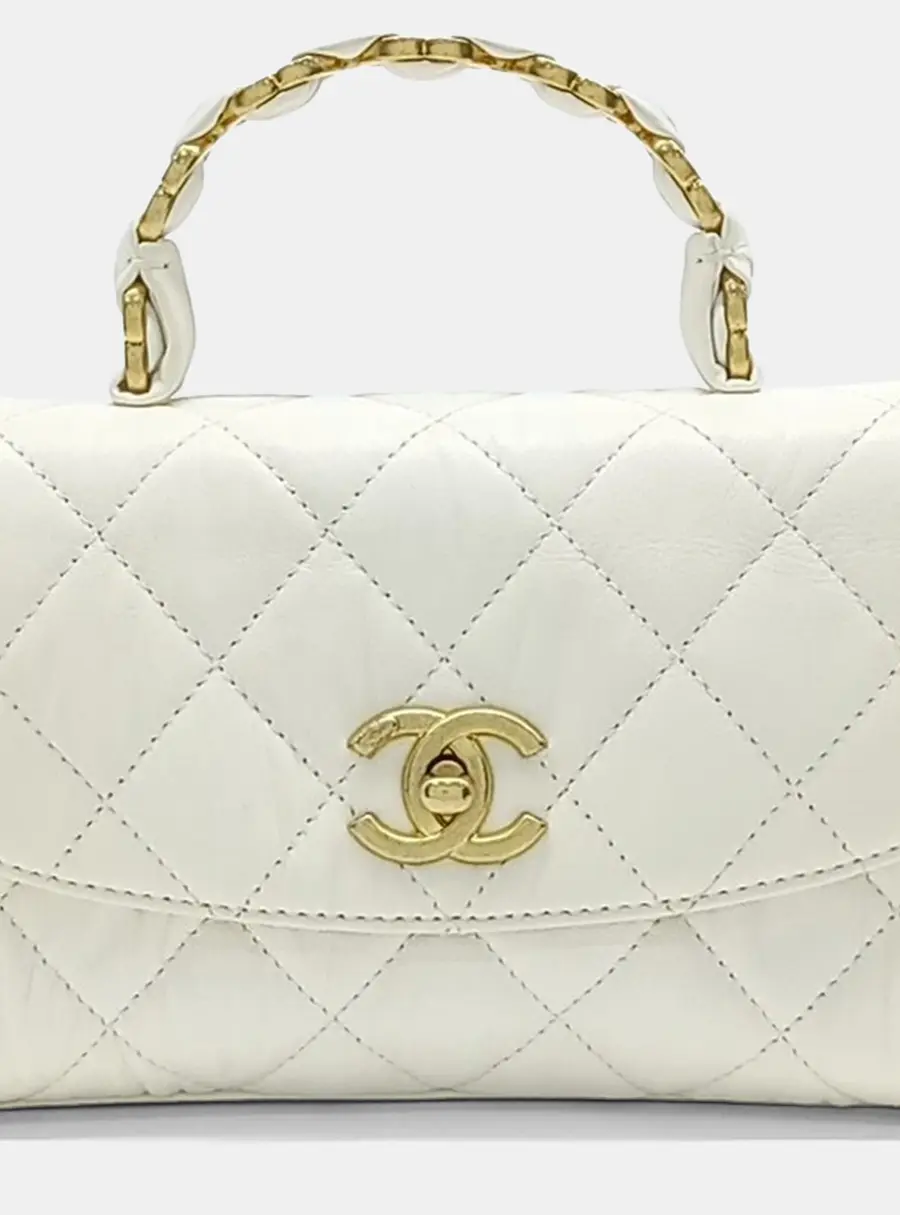 Chanel CC Links Mini White Crumpled Lambskin Leather Top Handle Bag