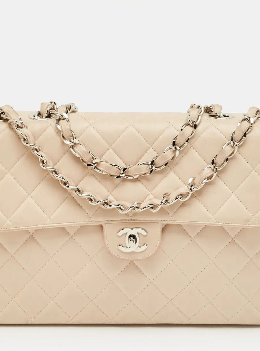 Chanel Beige Quilted Leather Jumbo Vintage Classic Single Flap Bag
