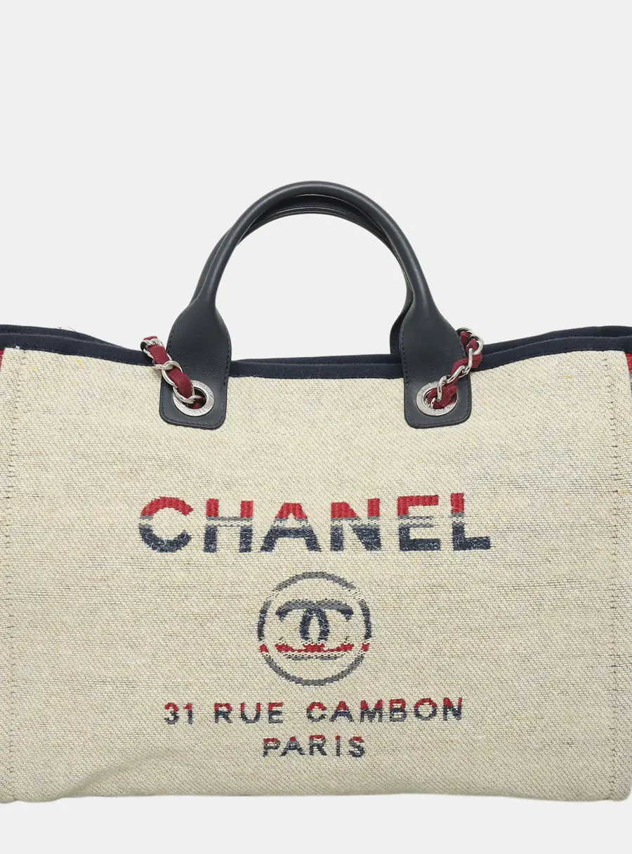 Chanel Deauville Medium Beige Striped Canvas Leather Tote Bag