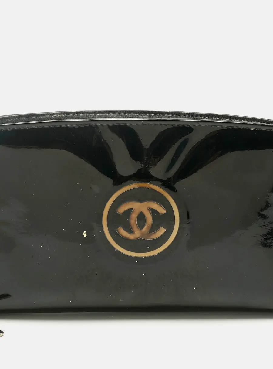 Chanel Black Patent Leather CC Zip Around Wallet