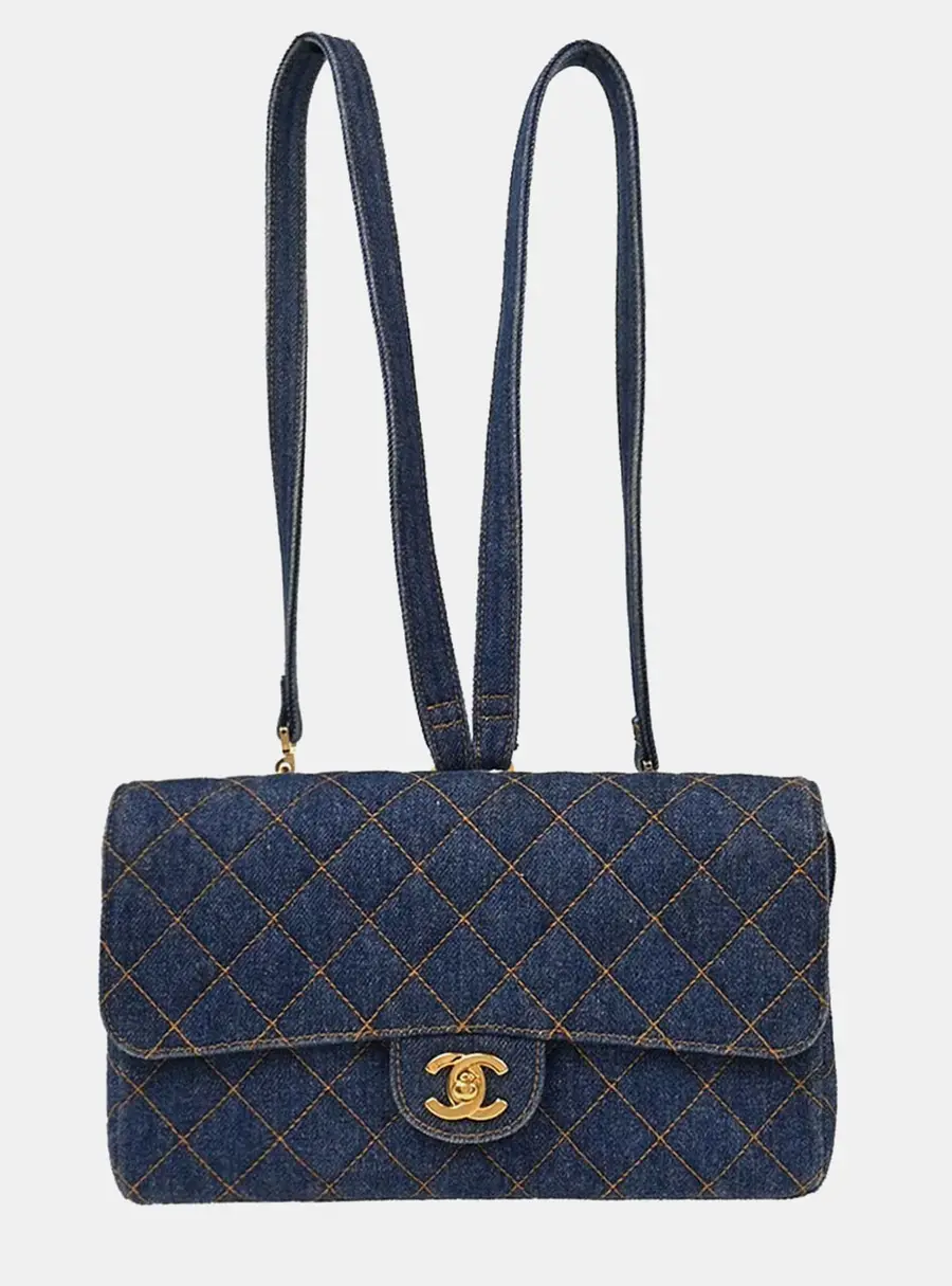 Chanel Vintage 1996 1997 Denim Blue Quilted Flap Backpack Bag