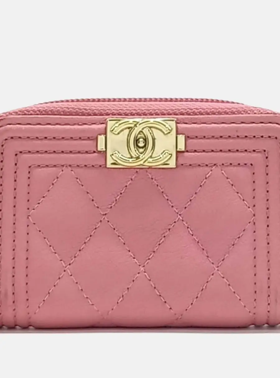 Chanel Boy Pink Caviar Leather Zip Around Card Holder Bag
