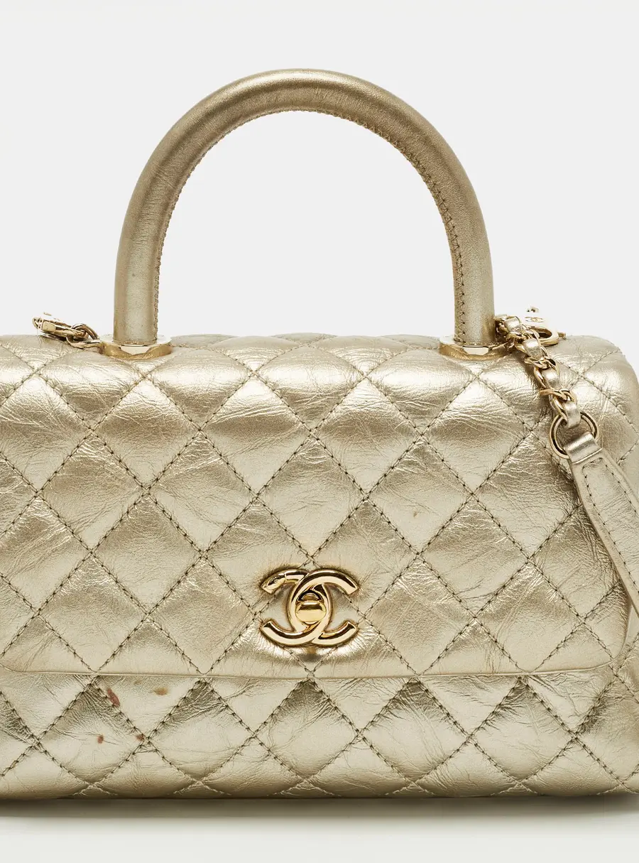 Chanel Coco Handle Mini Gold Quilted Aged Leather Top Handle Bag