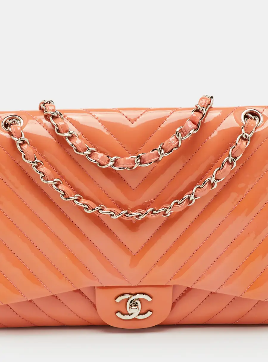 Chanel Peach Jumbo Chevron Patent Leather Classic Single Flap Bag