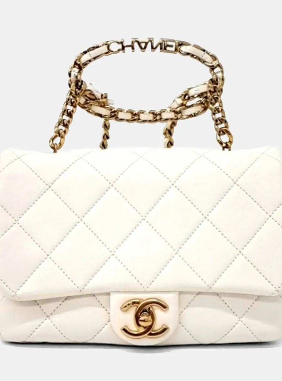 Chanel Mini Small White Lambskin Leather Top Handle Bag